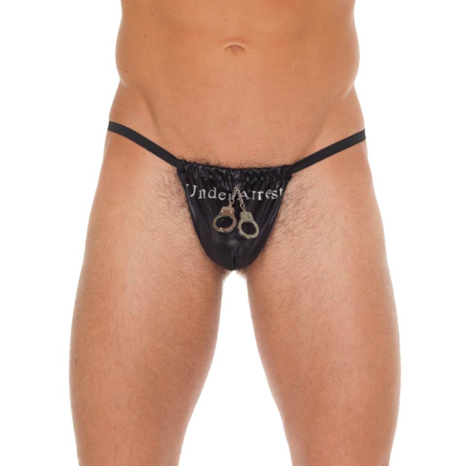 Mens Black GString With Handcuff Pouch