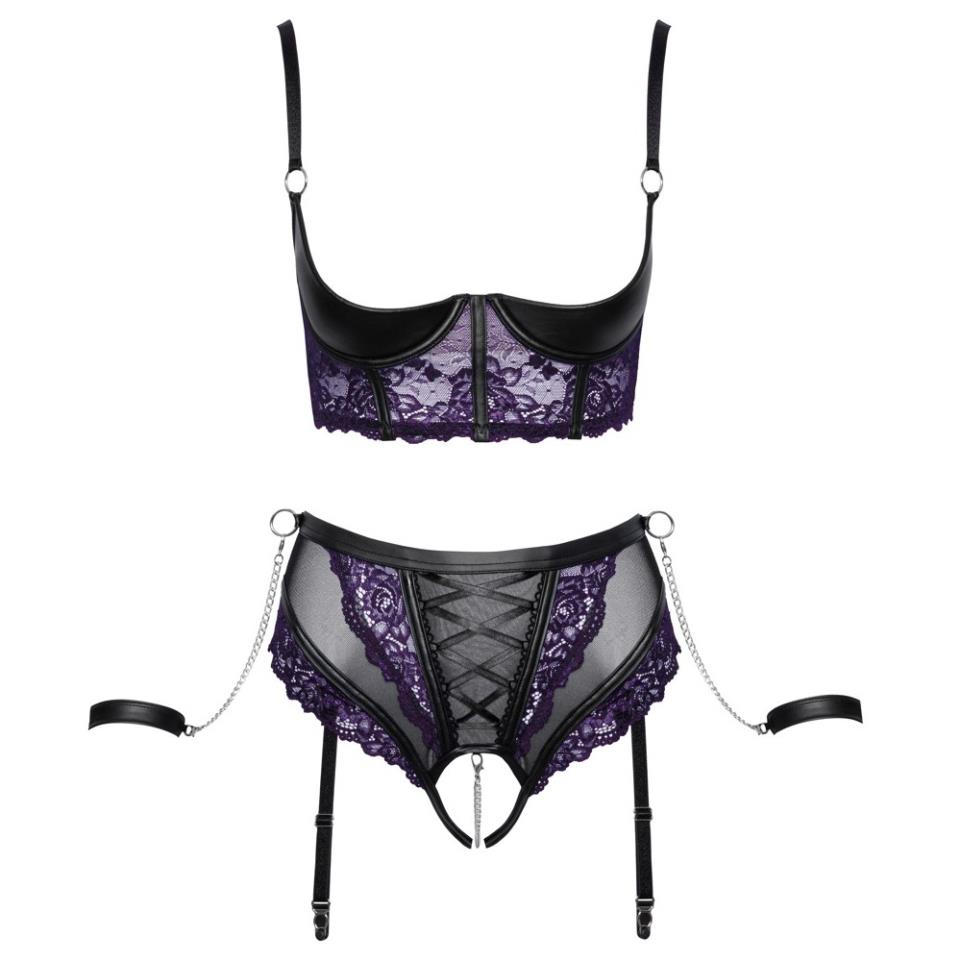 Cottelli Quarter Cup Bra, Suspender Briefs And 2 Handcuffs