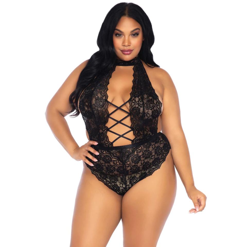 Leg Avenue Floral Lace Crotchless Teddy Black UK 14 to 18